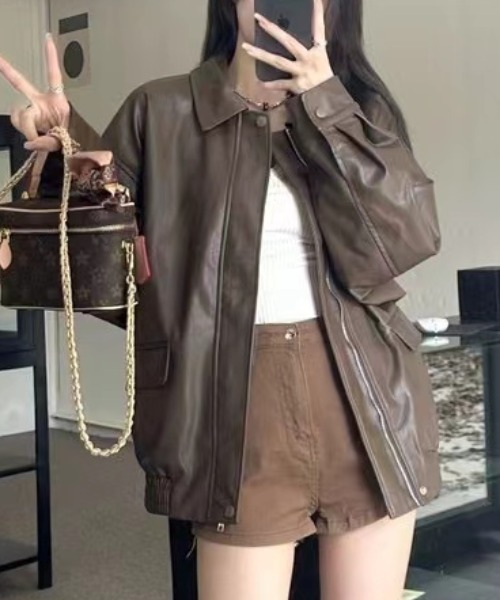 【限定値下げ】新品IXONレディース革ジャン40レザージャケット rag ＆ bone - エミー フォックス パテント レザー ジャケット - BROWN