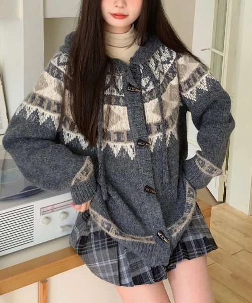 jamieson's ノルディック柄 ロングニットカーディガン　L 英国製 完売】ウール・ノルディック柄・ハイネックカーディガン（N-430084