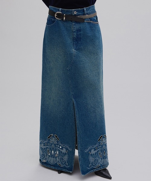 Ameri（アメリ） デニムスカート UND CUTWORK EMBROIDERY DENIM SKIRT