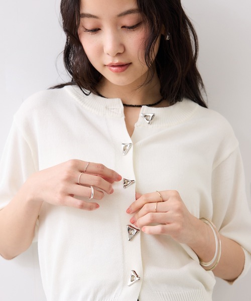  PARTY ホワイト カーディガン 半袖 ボタン付き VIS（ビス） カーディガン 「WEB限定」三角ニュアンスボタン半袖