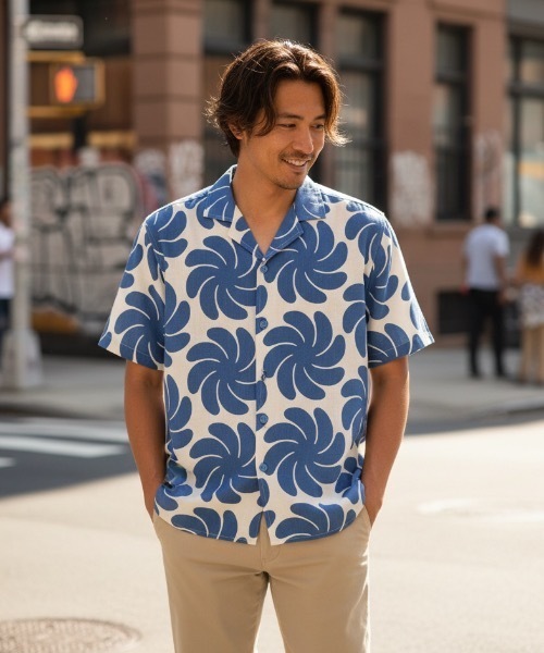 CHANEL 半袖シャツ ネイビー柄　42 OAS（オーエーエス） シャツ SS SHIRT/OAS / 渦巻き総柄オープンカラー
