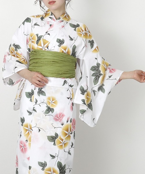 オール新品□身長の高い方，変わり織り大人浴衣，浴衣帯，コサージュ