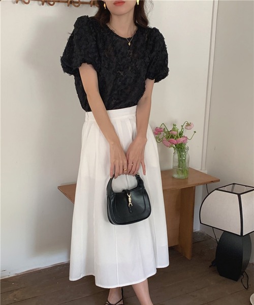 ブラウス シャツ 立体フラワーレースブラウス/パフスリーブトップス レディース leune ブラウス シャツ 立体フラワーレースブラウス