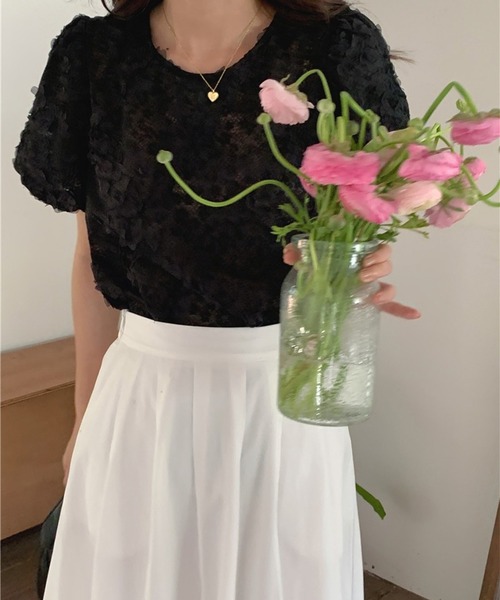 ブラウス シャツ 立体フラワーレースブラウス/パフスリーブトップス レディース leune ブラウス シャツ 立体フラワーレースブラウス