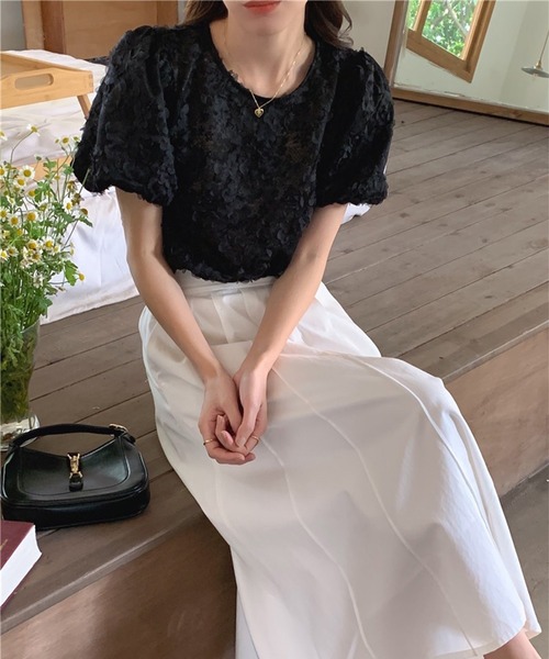 ブラウス シャツ 立体フラワーレースブラウス/パフスリーブトップス レディース leune ブラウス シャツ 立体フラワーレースブラウス