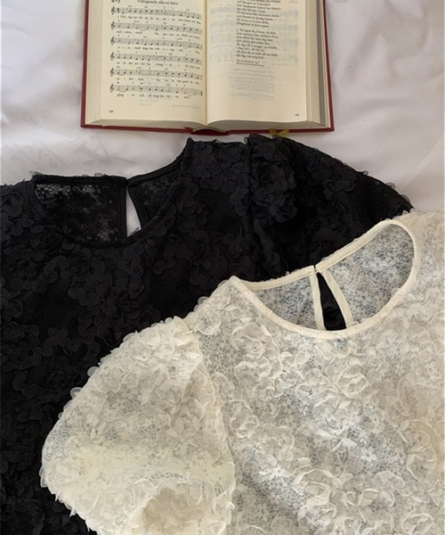 ブラウス シャツ 立体フラワーレースブラウス/パフスリーブトップス レディース leune ブラウス シャツ 立体フラワーレースブラウス
