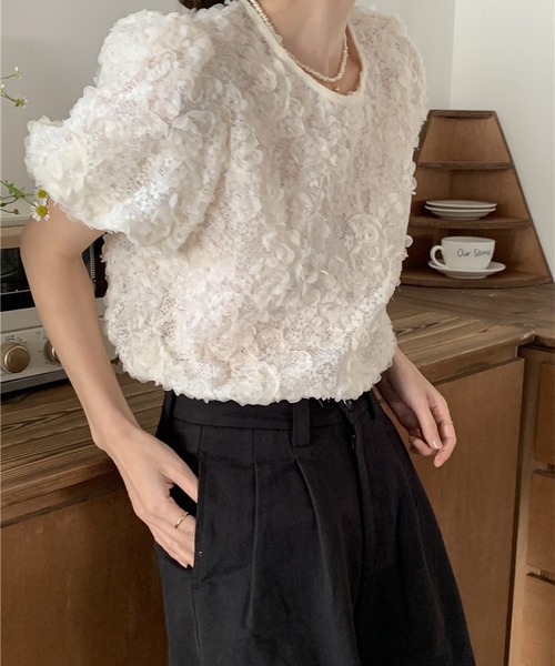 ブラウス シャツ 立体フラワーレースブラウス/パフスリーブトップス レディース leune ブラウス シャツ 立体フラワーレースブラウス