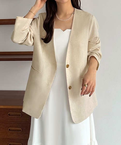 callautia」 ノーカラージャケット LARGE アイボリー レディース  