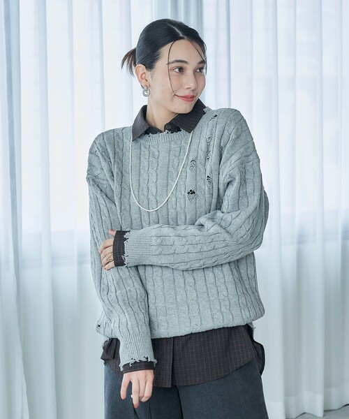 ニットプルオーバー FREAK'S STORE ニット セーター ケーブルダメージニットプル
