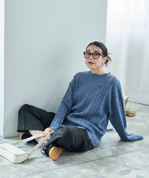 ニットプルオーバー FREAK'S STORE ニット セーター ケーブルダメージニットプル