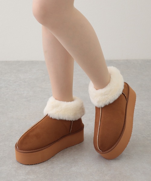 レディース ムートン風ショートブーツ 中筒 4.5cmヒール ミルクアプリコット レディース ムートン風ショートブーツ 中筒 4.5cmヒール ミルク