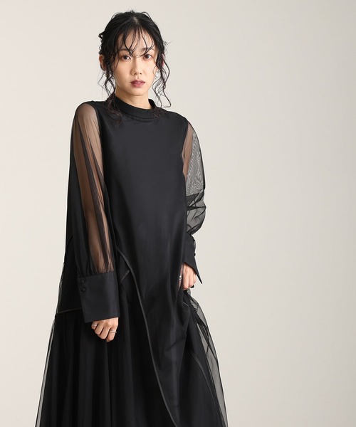 atlo（アトロ） ドレス ミモレ丈＆袖ありフォーマルチュールパイピング