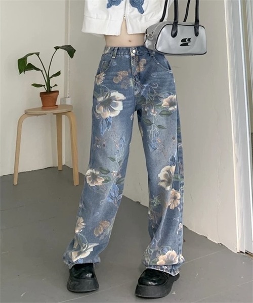 リンカブル　フラワーデニムパンツ フラワーデニムパンツ(ブルー) | LINKABLE