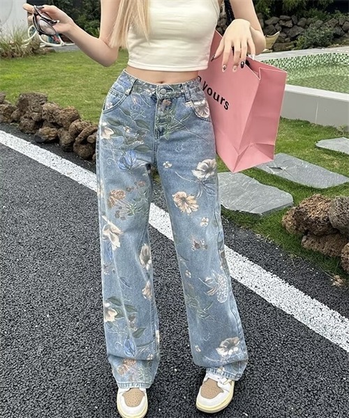 フラワープリント ワイド デニム モノトーン 夏 パンツ hr9883 自由区 パンツ モノトーンフラワープリントワイド レディース