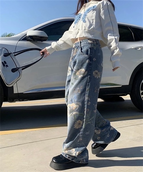 フラワープリント ワイドレッグデニム FVLMEN（フルメン）の「【FVLMEN】vintage flower print wide