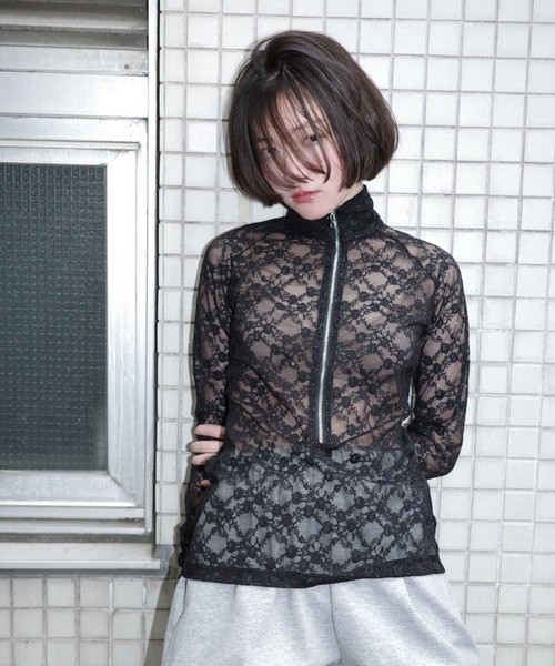 igi tシャツ GLITTER LACE TOPS / ハーフジップ ラメレース