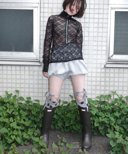 即日発送【igi】GLITTER LACE TOPS igi tシャツ GLITTER LACE TOPS / ハーフジップ ラメレース