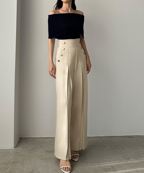 Louere スラックス パンツ ハイウエストタックマリンセミワイド