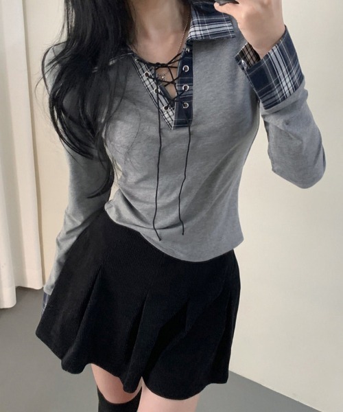 gossip!ロサンゼルス tシャツ Y2K チェックレースアップ長袖Tシャツ