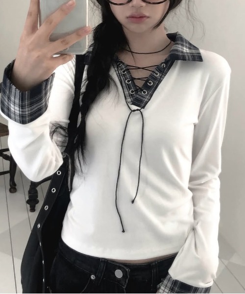 gossip!ロサンゼルス tシャツ Y2K チェックレースアップ長袖Tシャツ