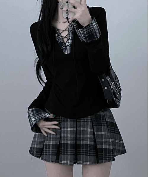 gossip!ロサンゼルス tシャツ Y2K チェックレースアップ長袖Tシャツ