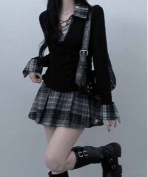 gossip!ロサンゼルス tシャツ Y2K チェックレースアップ長袖Tシャツ