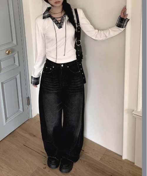 gossip!ロサンゼルス tシャツ Y2K チェックレースアップ長袖Tシャツ