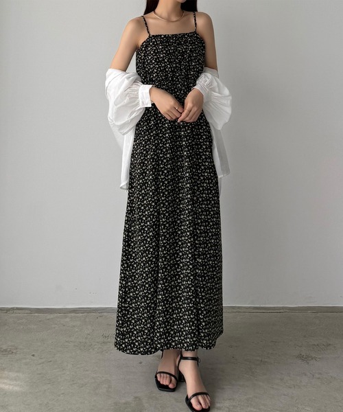 2点セット フリル カーデ 花柄 ギャザー スリット キャミワンピ callautia ワンピース 花柄フレアギャザーキャミワンピース「一