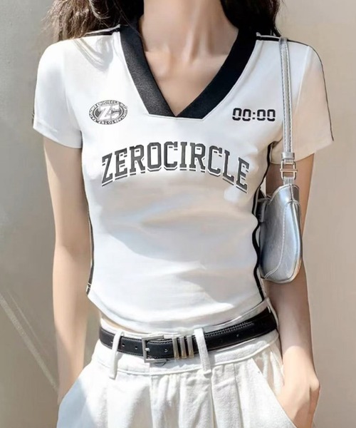 SpRay tシャツ スポーツロゴライン Vネックトップス レディース