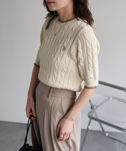 売れ筋商品|||セセ ニット&セーター アウター レディース Women's Short-Sleeve Rib-Knit Polo Sweater Ultra White セール】Tight rib polo knit / タイトリブポロニット（ニット