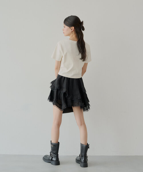 イレヘムレースフリルスカート フリル付き黒ミニフレアスカート セール】イレヘムフリルフレアミニスカート(インパン付