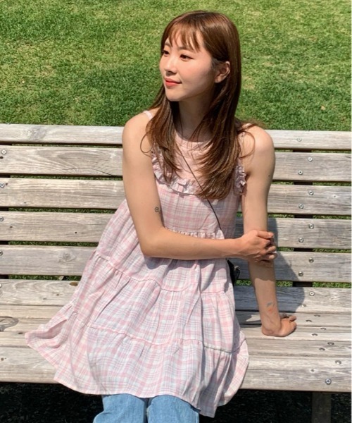 ワンピース 「春夏新作」チェックフリルティアードキャミミニ