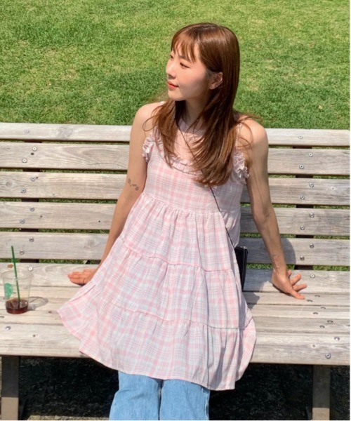 ワンピース 「春夏新作」チェックフリルティアードキャミミニ