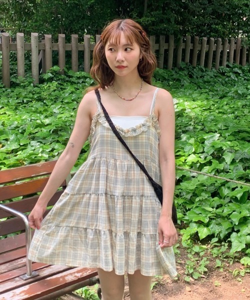 ワンピース 夏 「春夏新作」チェックフリルティアードキャミミニ