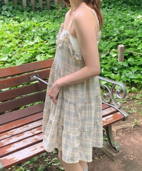ワンピース 夏 「春夏新作」チェックフリルティアードキャミミニ