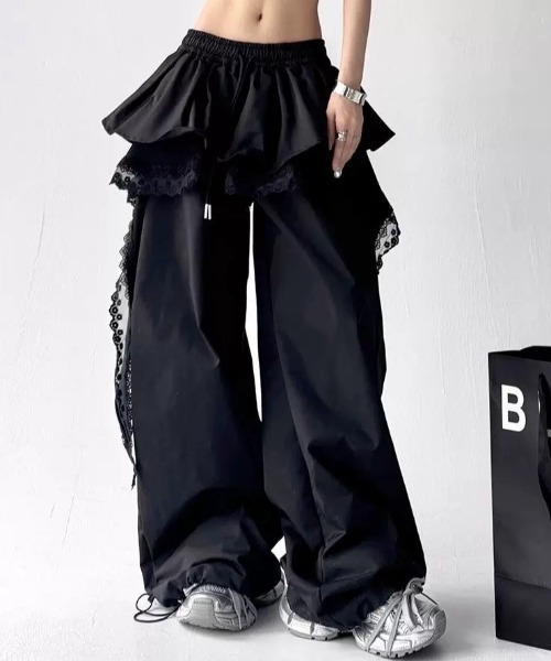 MONO8 ワイドパンツ パンツ フリル＆レースレイヤードワイドパンツ