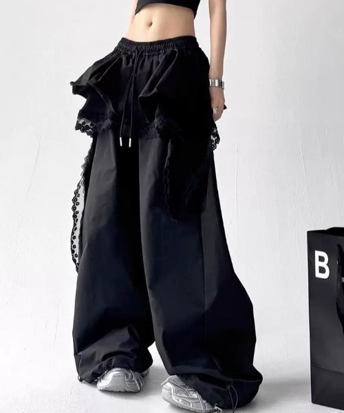 MONO8 パンツ フリル＆レースレイヤードワイドパンツ レディース