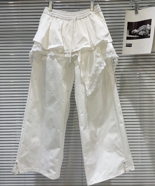 MONO8 パンツ フリル＆レースレイヤードワイドパンツ レディース