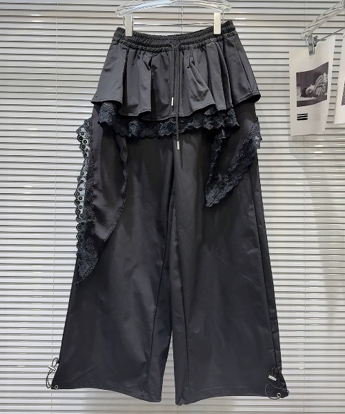 MONO8 パンツ フリル＆レースレイヤードワイドパンツ レディース