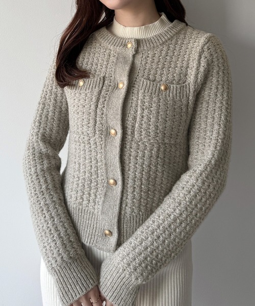 mipiarl カーディガン ゴールド釦ツイードニットカーディガン