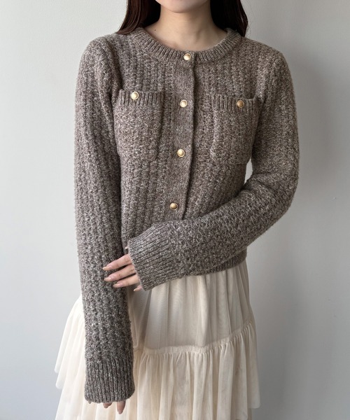 mipiarl カーディガン ゴールド釦ツイードニットカーディガン