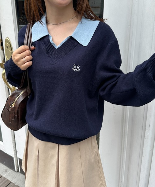 solleim（ソルレム） ニット セーター ワンポイント刺繍レイヤード襟