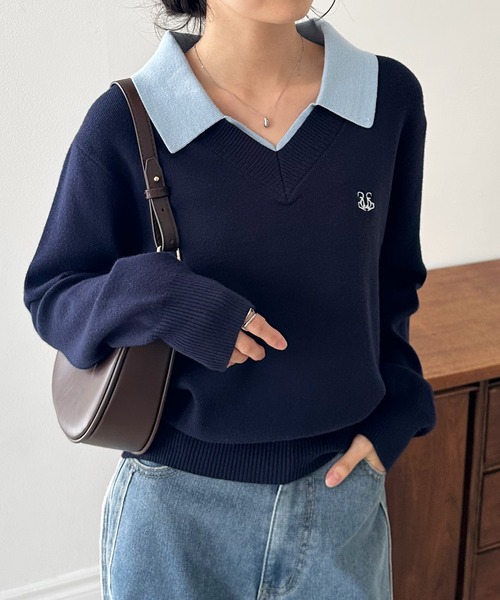 solleim（ソルレム） ニット セーター ワンポイント刺繍レイヤード襟