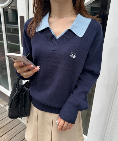 solleim（ソルレム） ニット セーター ワンポイント刺繍レイヤード襟