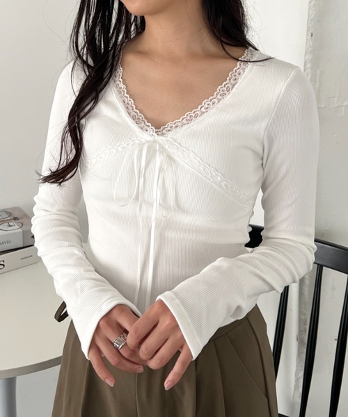 CLEA tシャツ カップ付きレースリボンVネックアソートトップス