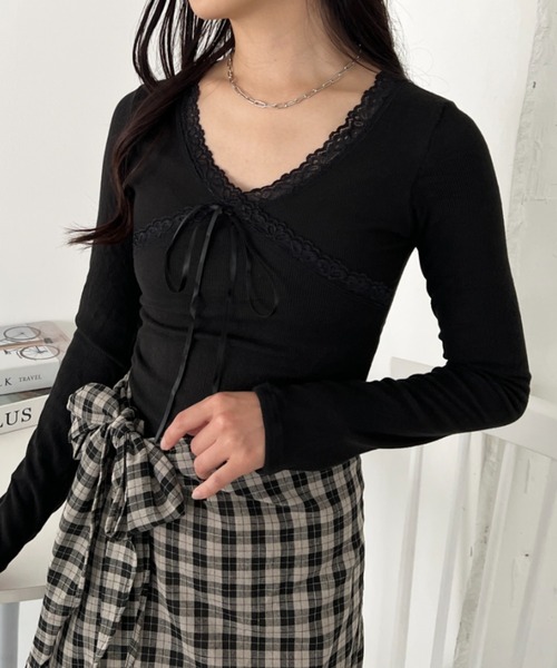 CLEA tシャツ カップ付きレースリボンVネックアソートトップス