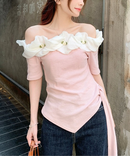 tシャツ オフショルダーフリルフラワートップス レディース