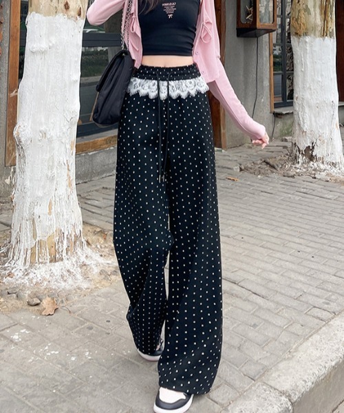 shyam inspiration パンツ 「ドット柄」水玉ウエストレース ワイド