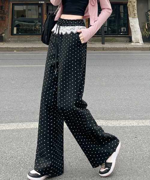 shyam inspiration パンツ 「ドット柄」水玉ウエストレース ワイド
