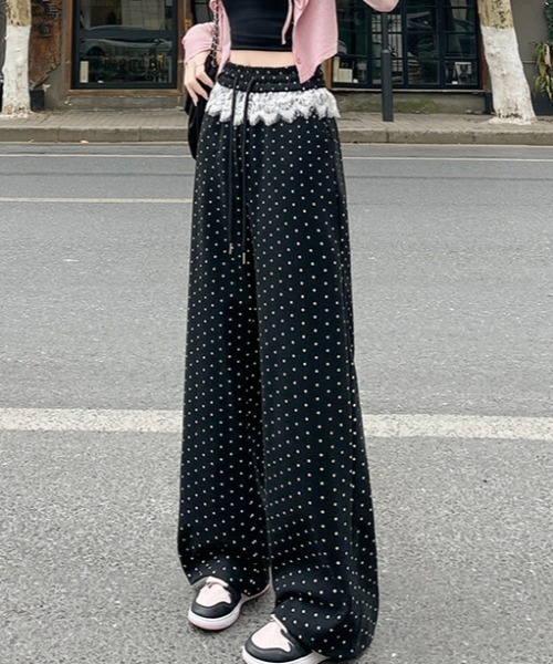 水玉模様 ワイドパンツ 黒 おはだが気になるみんなへ】さらりと着られるコットン100％ ウエスト